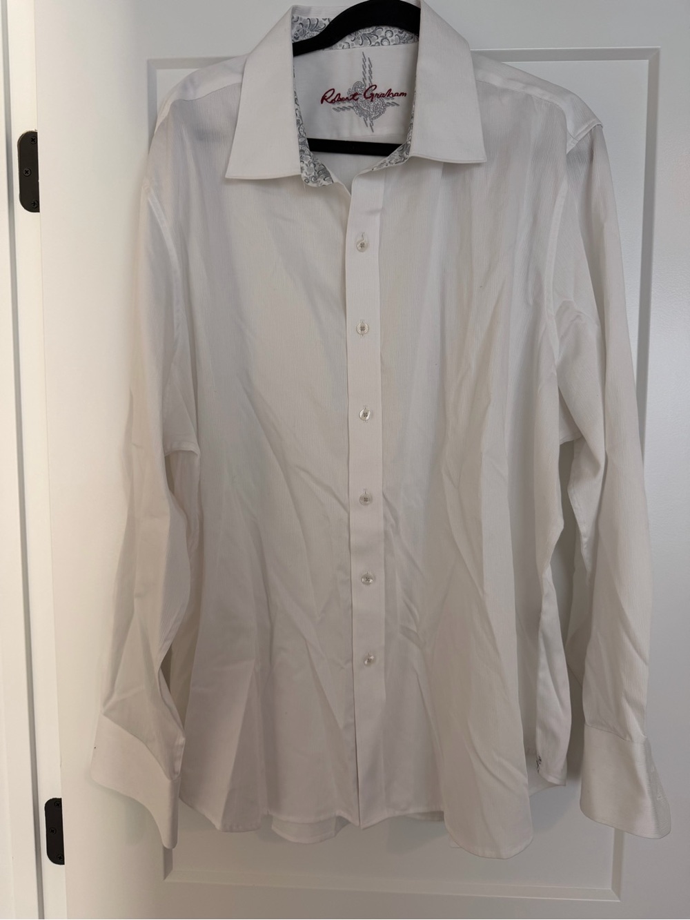 Robert Graham White Men's Long Sleeve Dress Shirt with Contrast Inner Collar